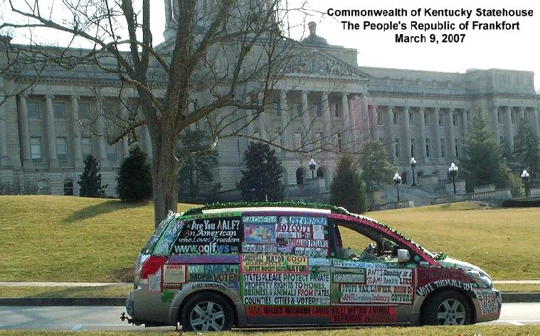 photograph of the liberty van smokers rights VAN in front of Kentucky State Capitol building in Frankfort, KY